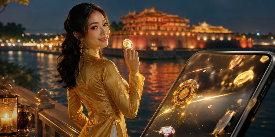 Người phụ nữ mặc áo dài dùng điện thoại xem kèo cá cược tại Huế