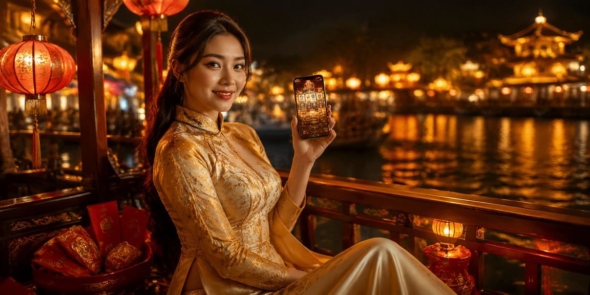 Người phụ nữ mặc áo dài Huế chơi slot game trên điện thoại trong không khí lễ hội